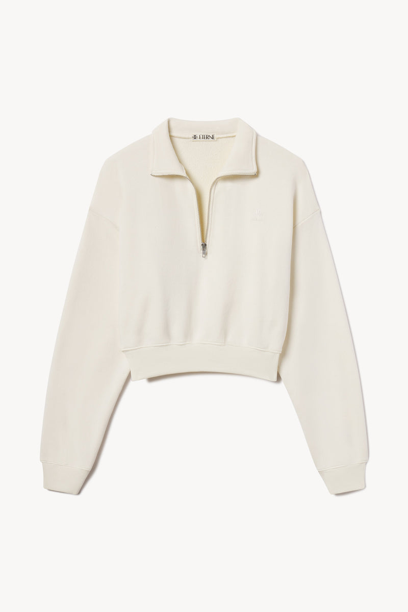 ÉTERNE Women's Cropped Half-Zip French Terry Sweatshirt, Cream, Relaxed Fit