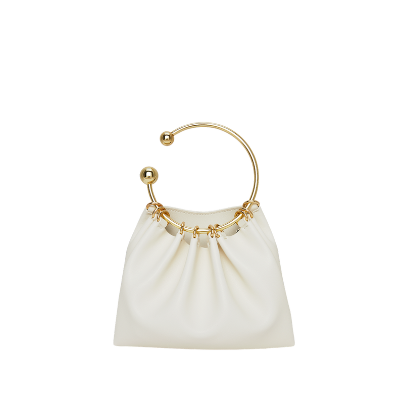 Elegant Cream Genuine Leather Mini Ring Handle Shoulder Bag for Chic Evenings