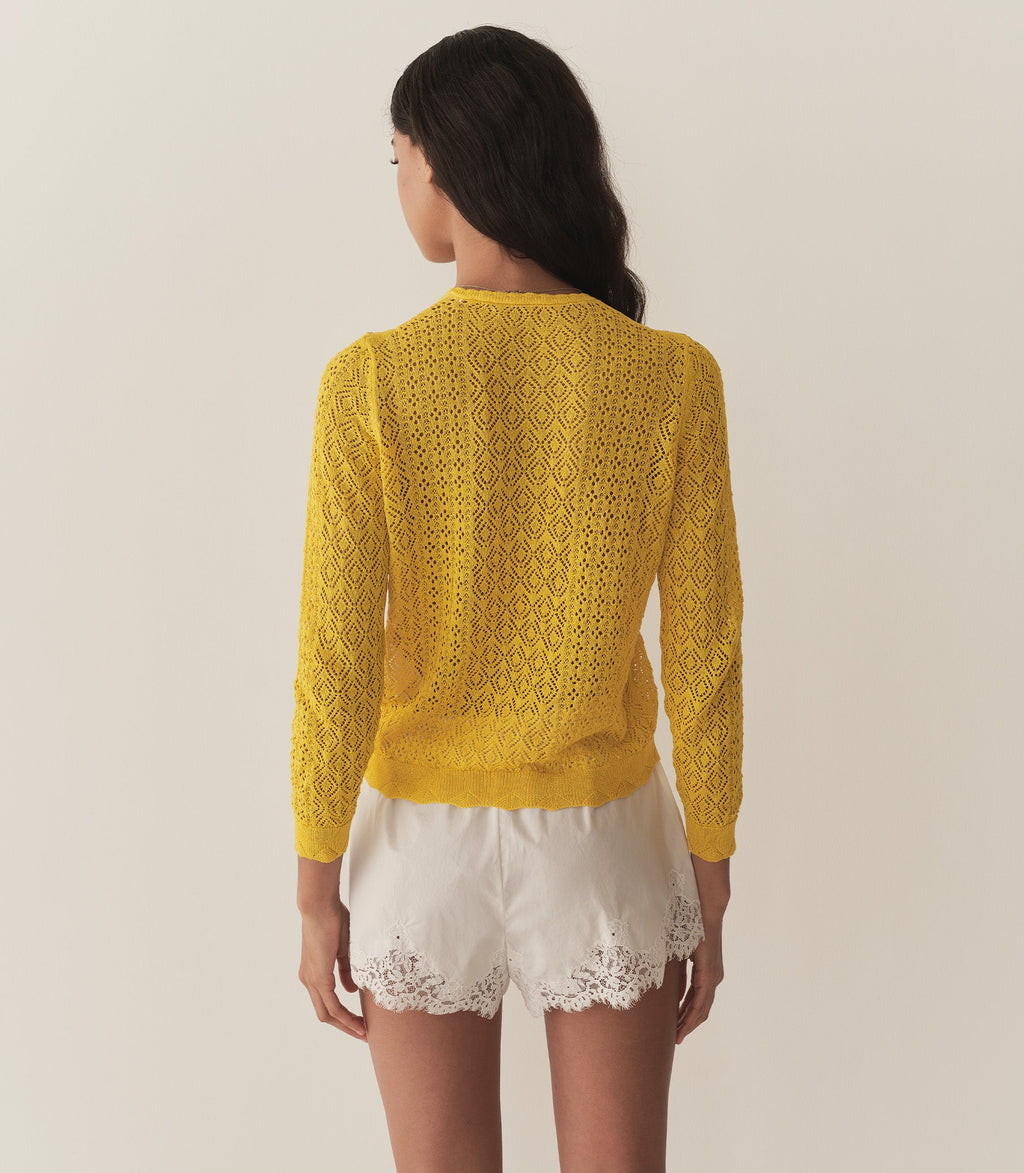 Diane Cardigan Citrus Lightweight Sheer Pointelle Viscose Blend Crew Neck Sweater