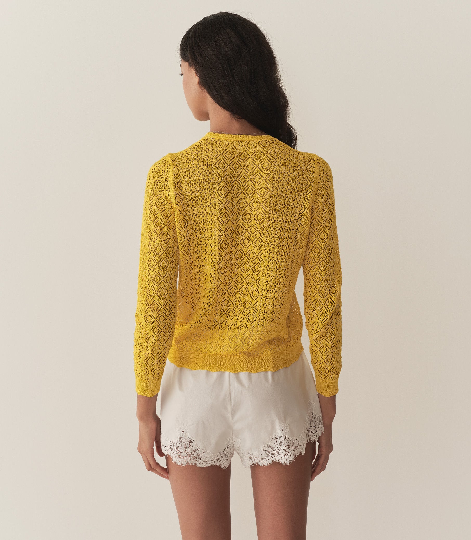 Diane Cardigan Citrus Lightweight Sheer Pointelle Viscose Blend Crew Neck Sweater