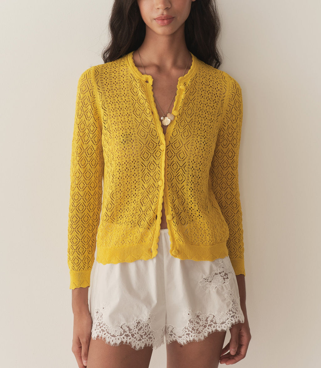 Diane Cardigan Citrus Lightweight Sheer Pointelle Viscose Blend Crew Neck Sweater