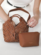Caramel Woven Leather Basket Handbag with Adjustable Crossbody Shoulder Strap
