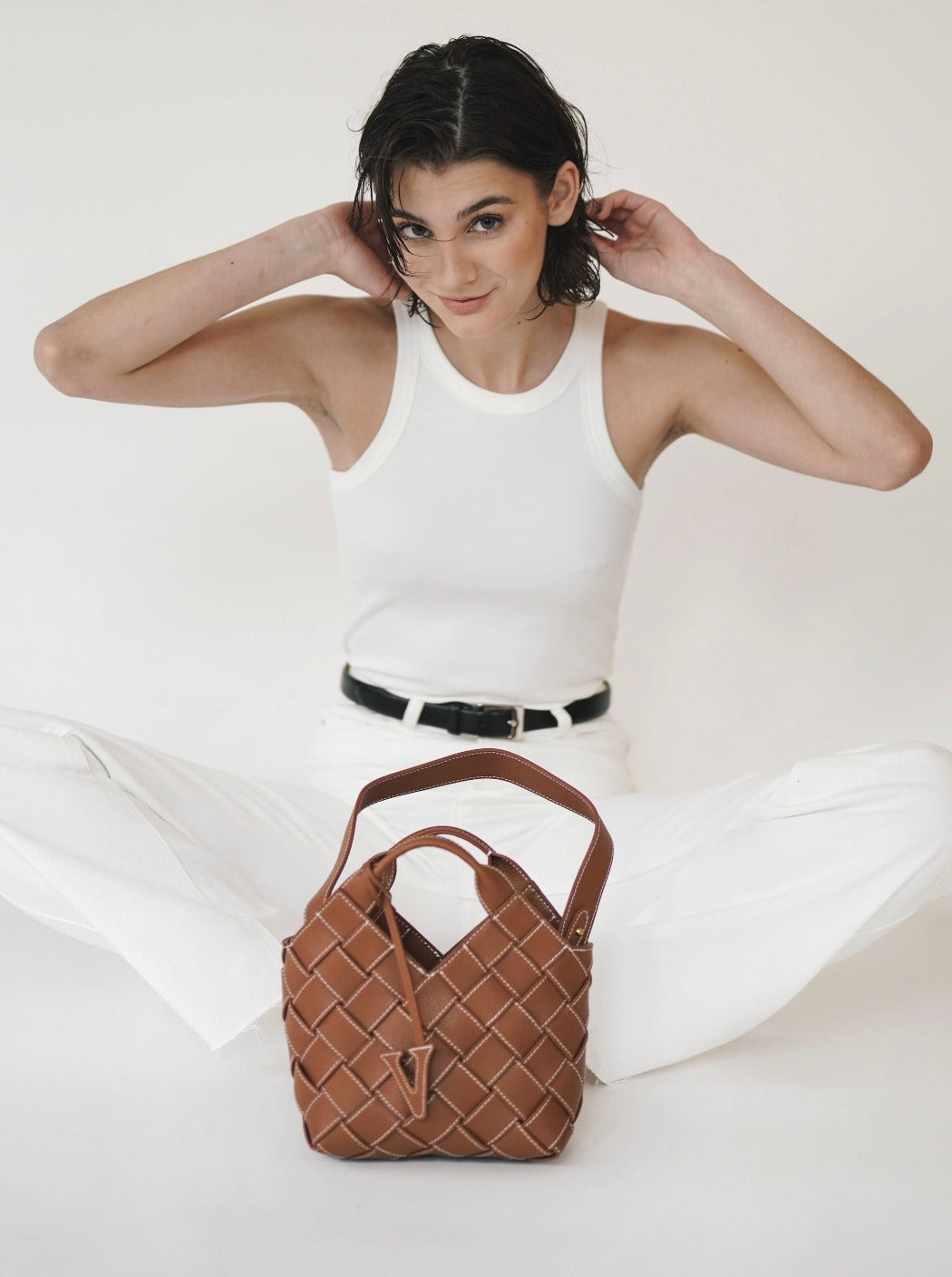 Caramel Woven Leather Basket Handbag with Adjustable Crossbody Shoulder Strap