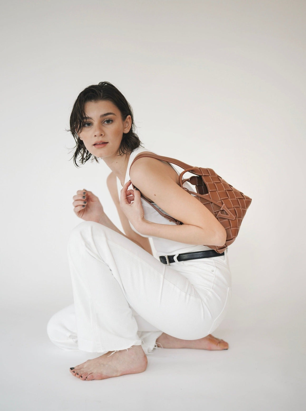 Caramel Woven Leather Basket Handbag with Adjustable Crossbody Shoulder Strap