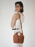 Caramel Woven Leather Basket Handbag with Adjustable Crossbody Shoulder Strap