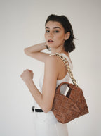Caramel Woven Leather Basket Handbag with Adjustable Crossbody Shoulder Strap