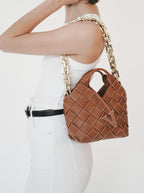 Caramel Woven Leather Basket Handbag with Adjustable Crossbody Shoulder Strap