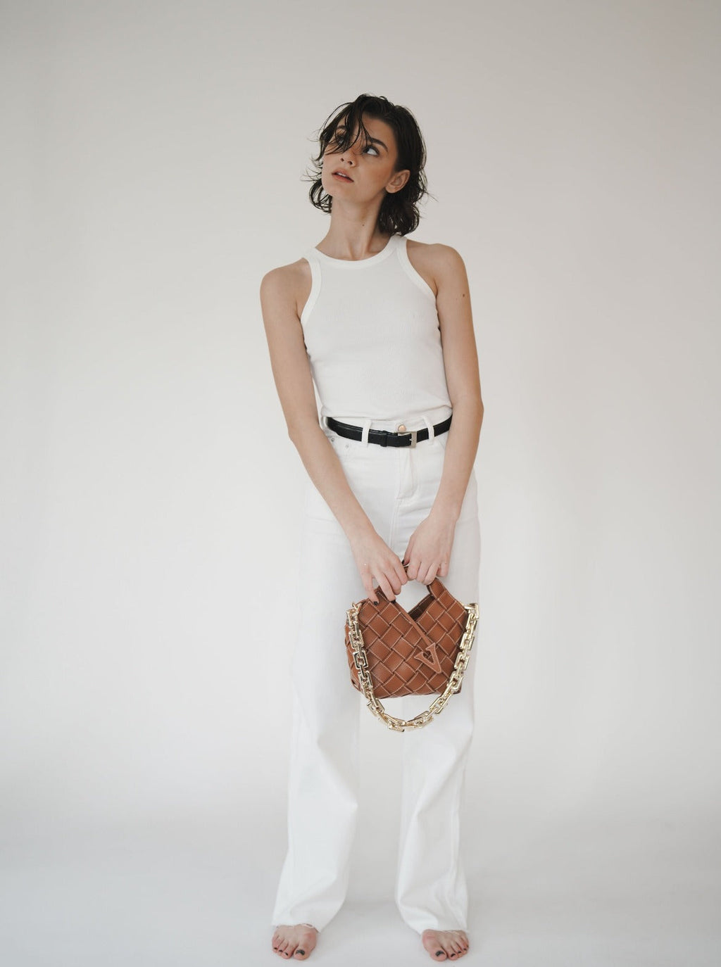 Caramel Woven Leather Basket Handbag with Adjustable Crossbody Shoulder Strap