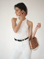Caramel Woven Leather Basket Handbag with Adjustable Crossbody Shoulder Strap