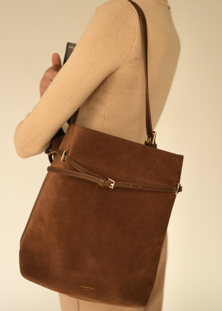 Chic Toffee Suede Belted Tote Bag: Versatile Shoulder Carry, Adjustable Strap