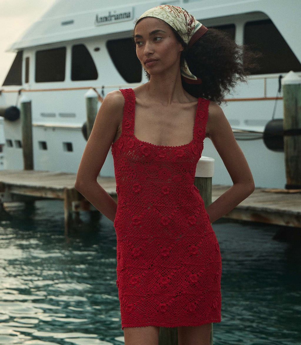 Hand-Crocheted Ruby Eloise Mini Dress: Pima Cotton, Floral Crochet, Square Neck