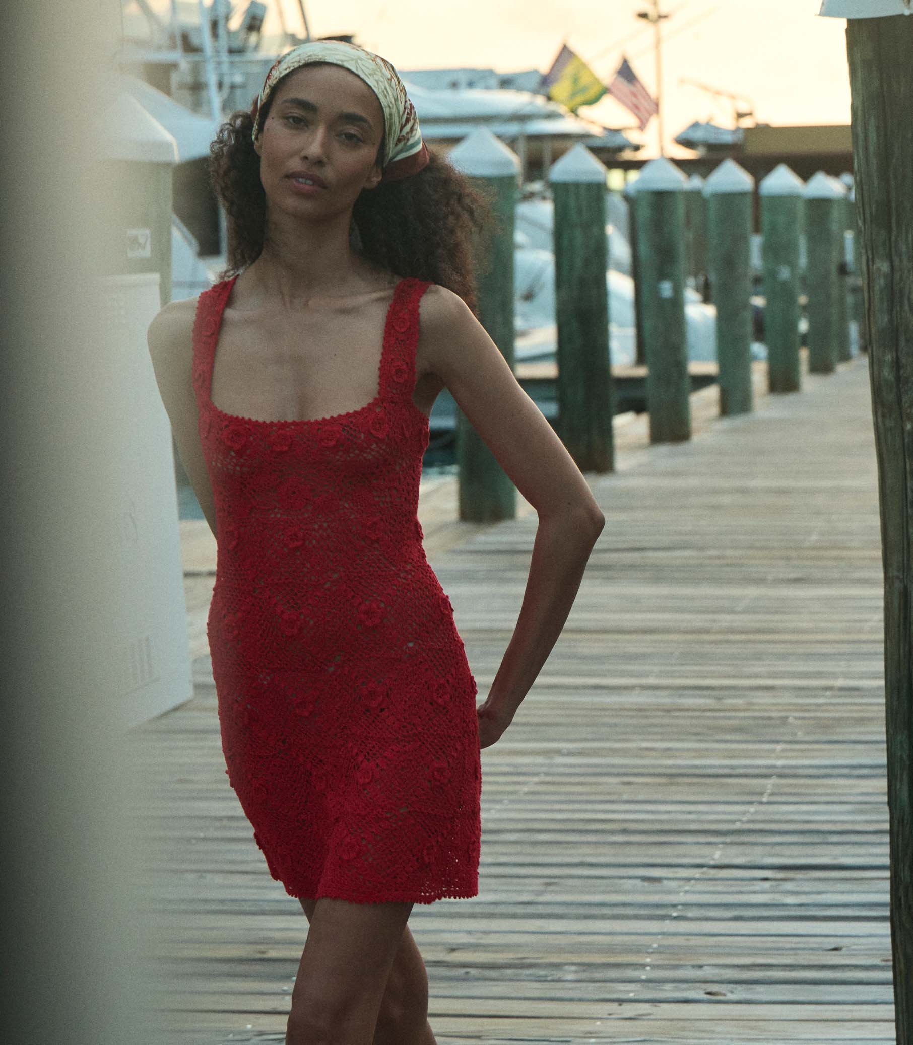 Hand-Crocheted Ruby Eloise Mini Dress: Pima Cotton, Floral Crochet, Square Neck