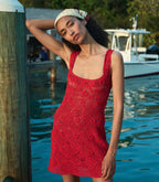 Hand-Crocheted Ruby Eloise Mini Dress: Pima Cotton, Floral Crochet, Square Neck