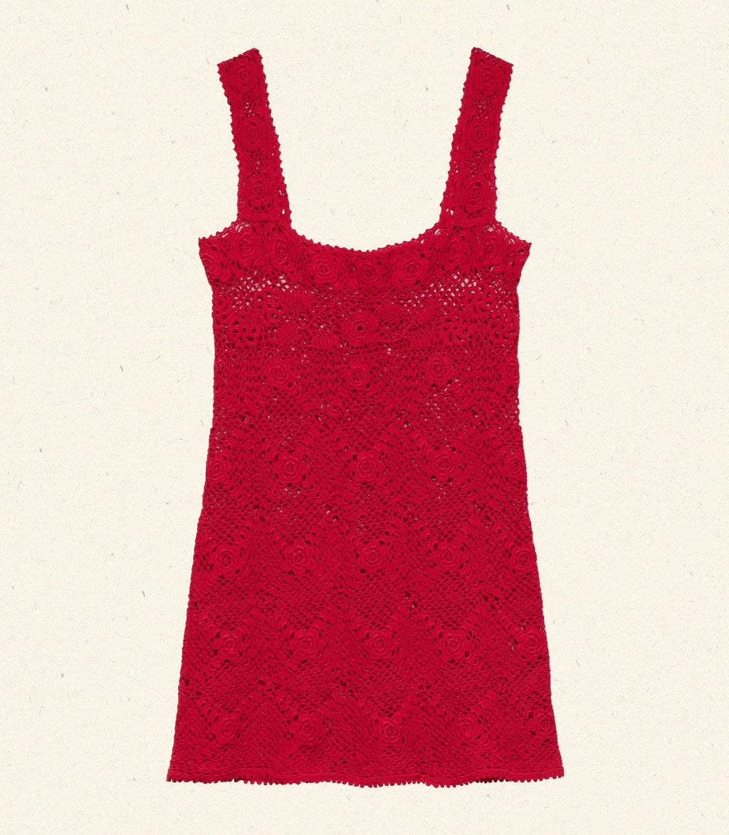 Hand-Crocheted Ruby Eloise Mini Dress: Pima Cotton, Floral Crochet, Square Neck