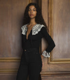 Elegant Black Merino Wool Cardigan with Lace-Trimmed Victorian Collar and Cuffs