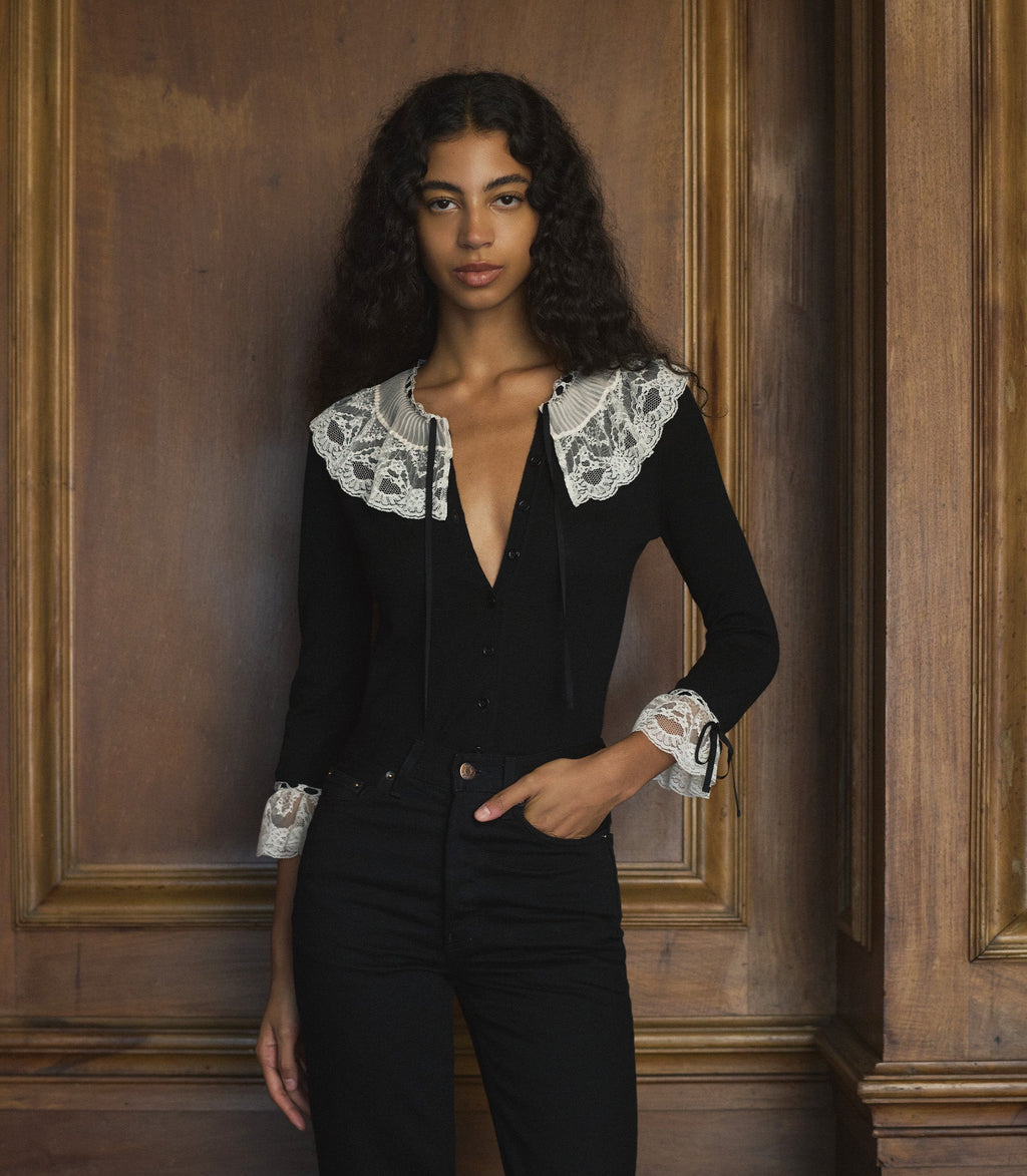 Elegant Black Merino Wool Cardigan with Lace-Trimmed Victorian Collar and Cuffs
