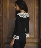 Elegant Black Merino Wool Cardigan with Lace-Trimmed Victorian Collar and Cuffs