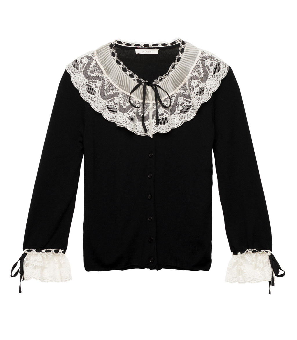 Elegant Black Merino Wool Cardigan with Lace-Trimmed Victorian Collar and Cuffs
