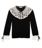 Elegant Black Merino Wool Cardigan with Lace-Trimmed Victorian Collar and Cuffs