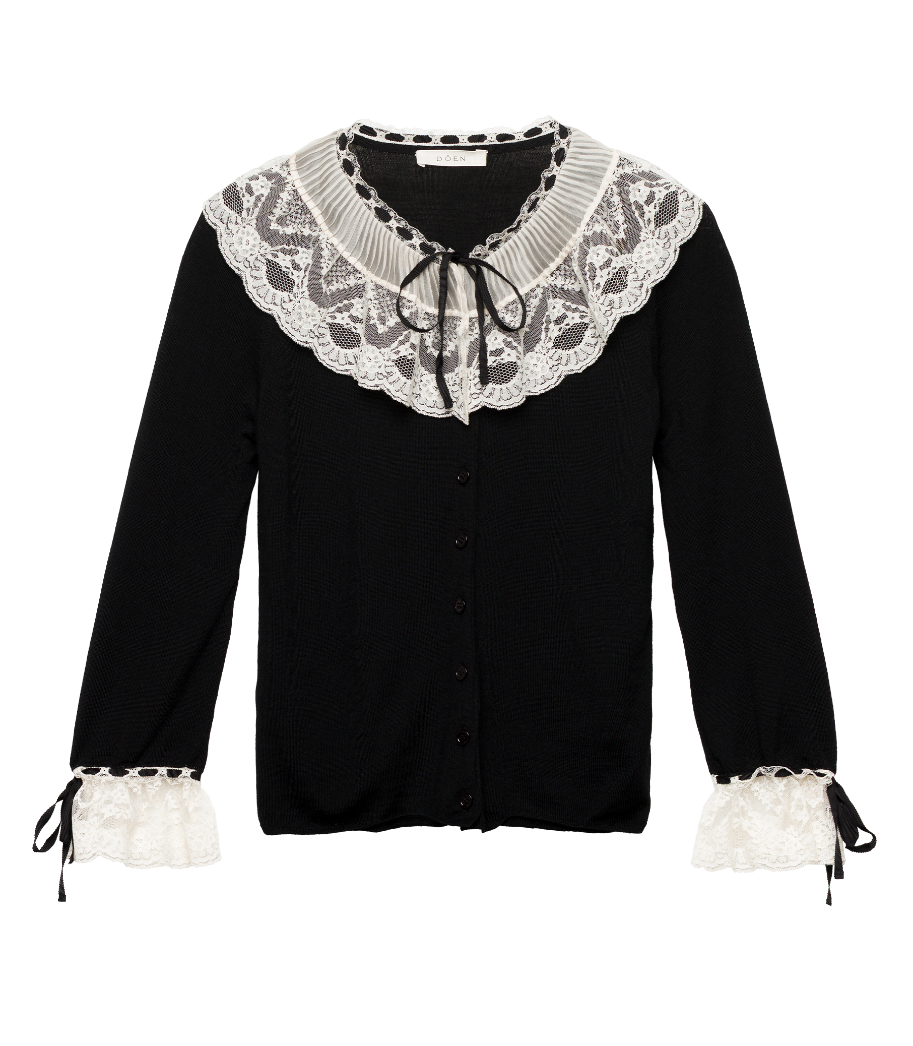 Elegant Black Merino Wool Cardigan with Lace-Trimmed Victorian Collar and Cuffs