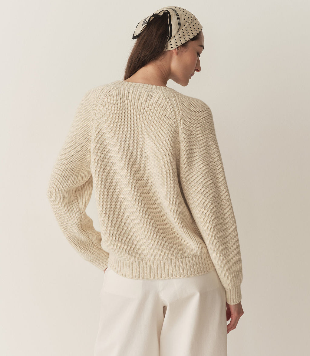 Emmons Cream Plush Alpaca Oversized Slouchy V-Neck Fisherman Knit Sweater