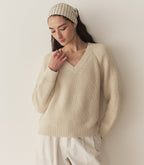 Emmons Cream Plush Alpaca Oversized Slouchy V-Neck Fisherman Knit Sweater