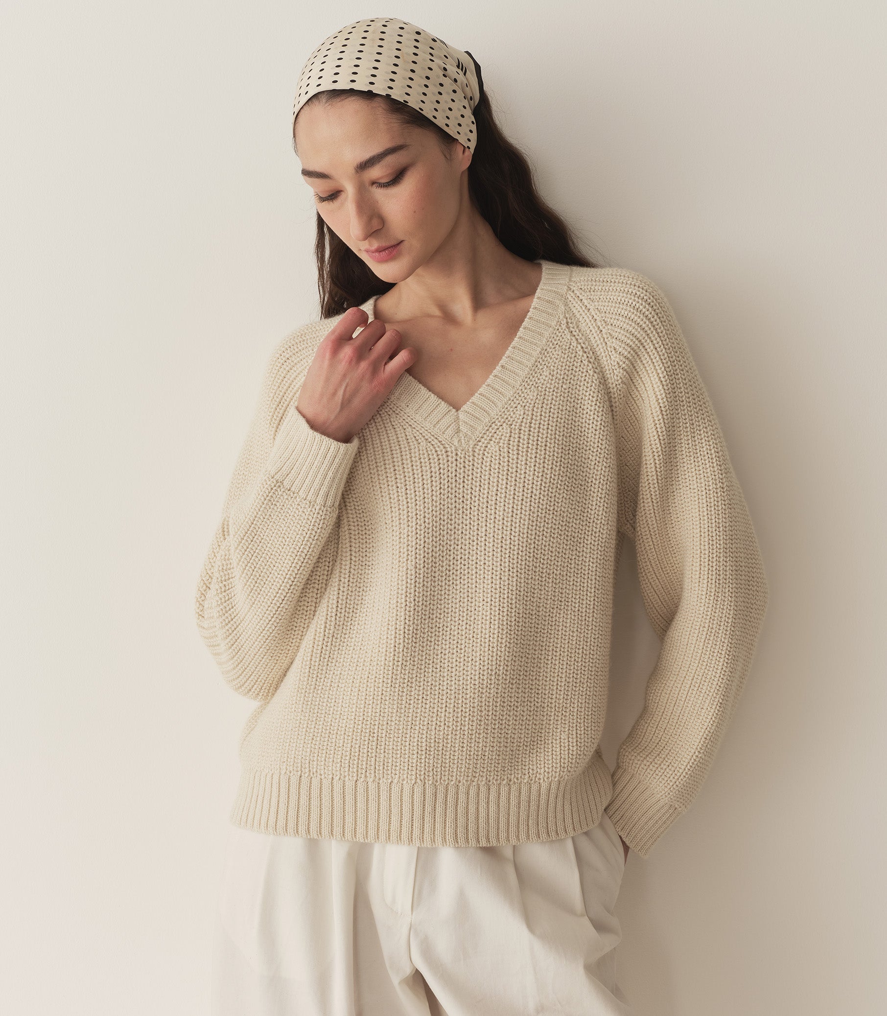 Emmons Cream Plush Alpaca Oversized Slouchy V-Neck Fisherman Knit Sweater