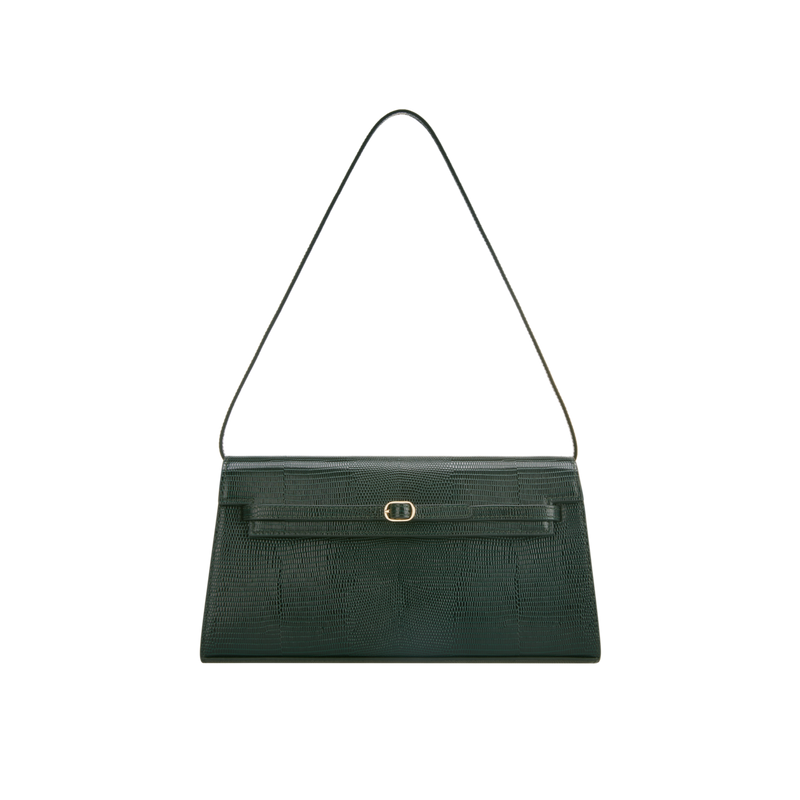 Emerald Lizard Embossed Calf Leather Convertible Shoulder Bag with Metallic Buckle