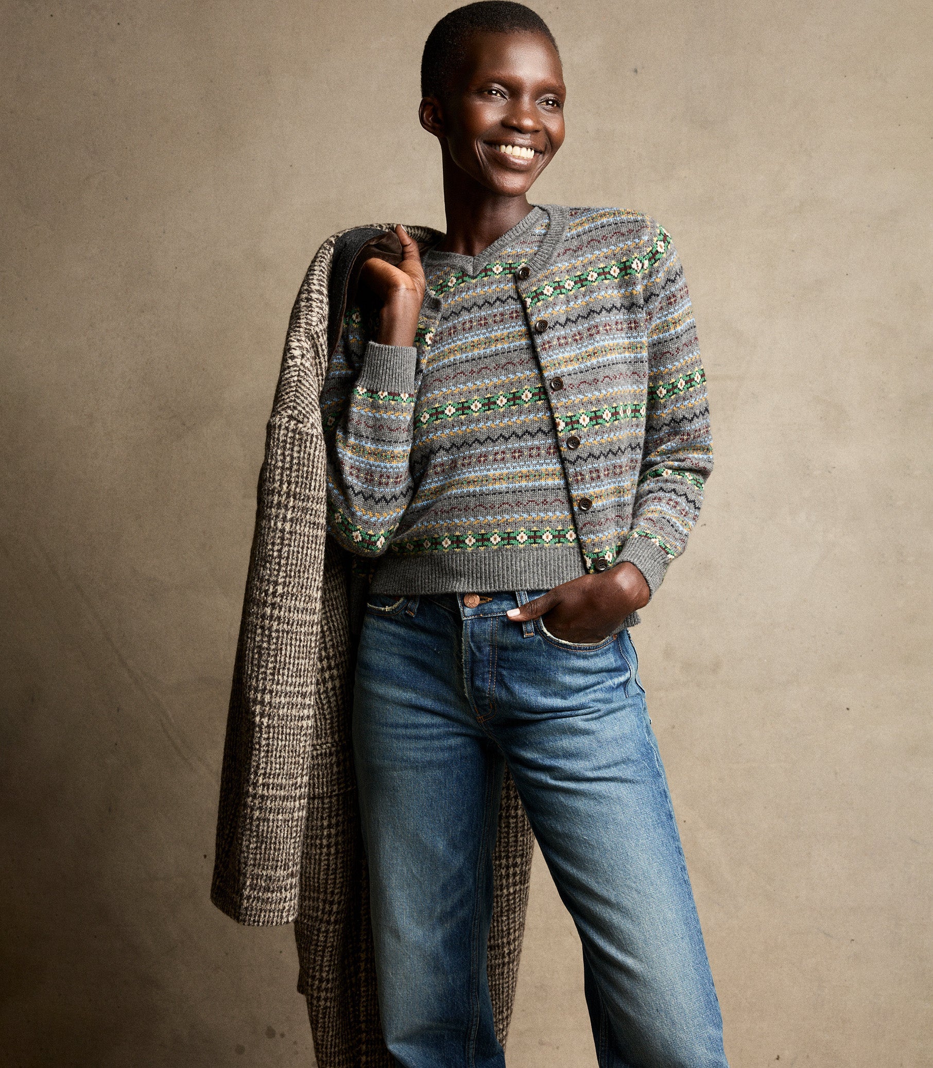 Vintage-Inspired Dashwood Fair Isle Wool-Cashmere Fitted Cardigan Sweater with Buttons