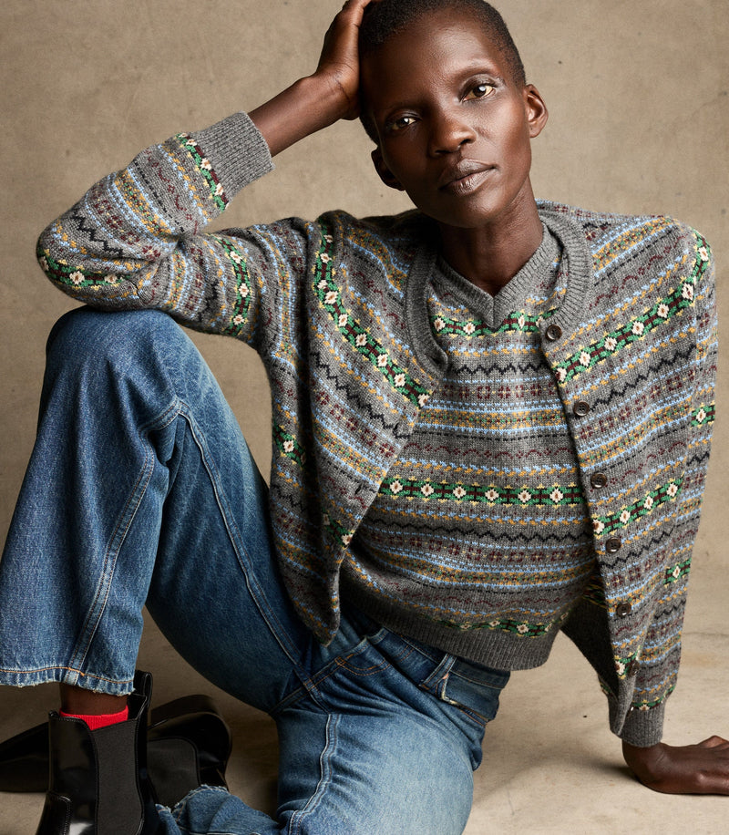 Vintage-Inspired Dashwood Fair Isle Wool-Cashmere Fitted Cardigan Sweater with Buttons