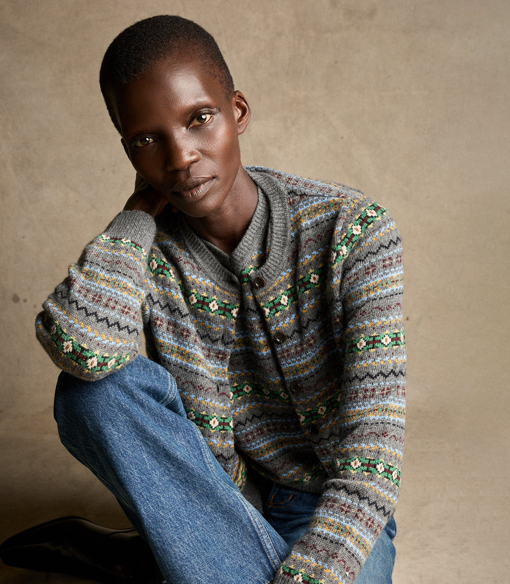 Vintage-Inspired Dashwood Fair Isle Wool-Cashmere Fitted Cardigan Sweater with Buttons