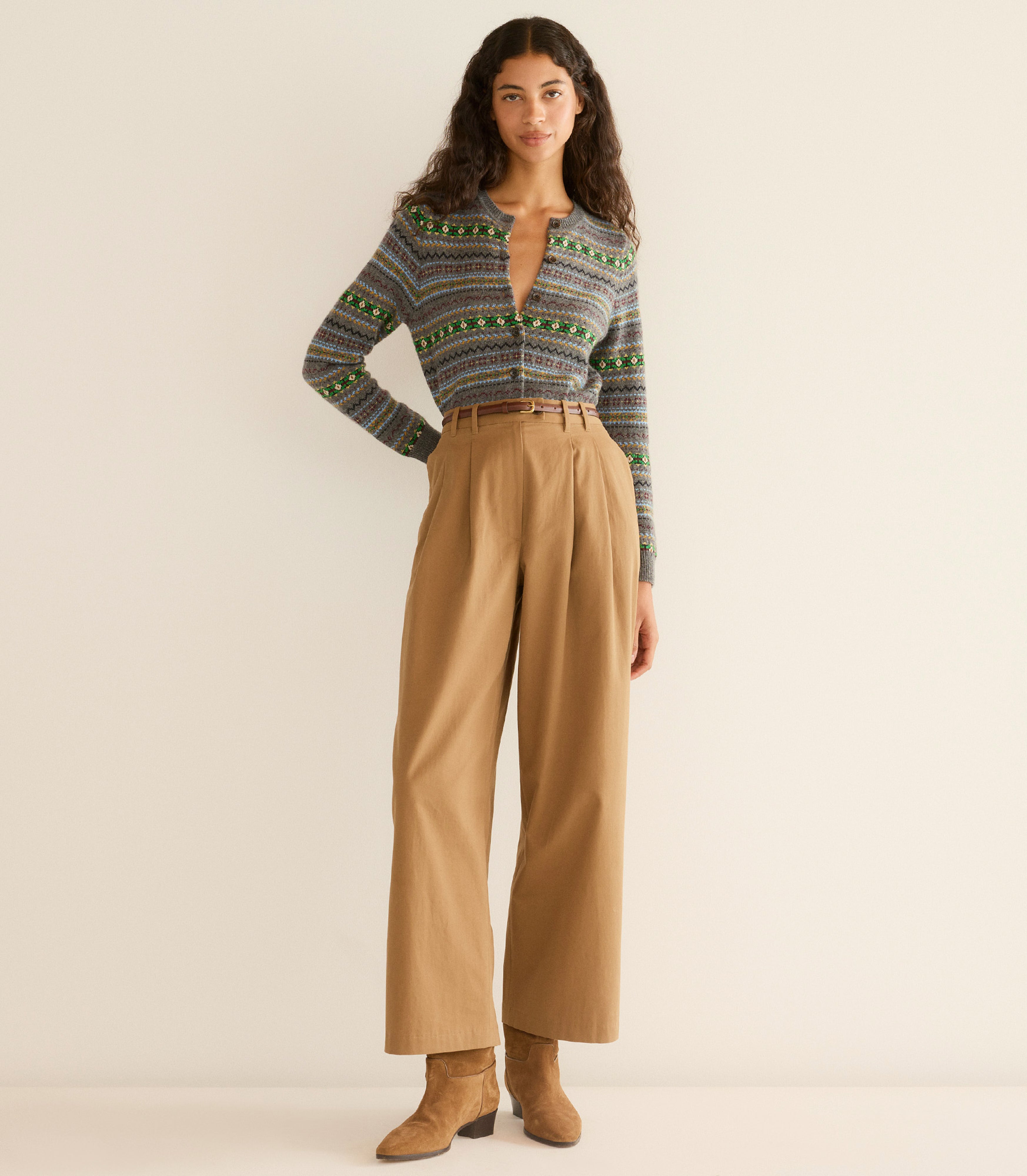 Vintage-Inspired Dashwood Fair Isle Wool-Cashmere Fitted Cardigan Sweater with Buttons