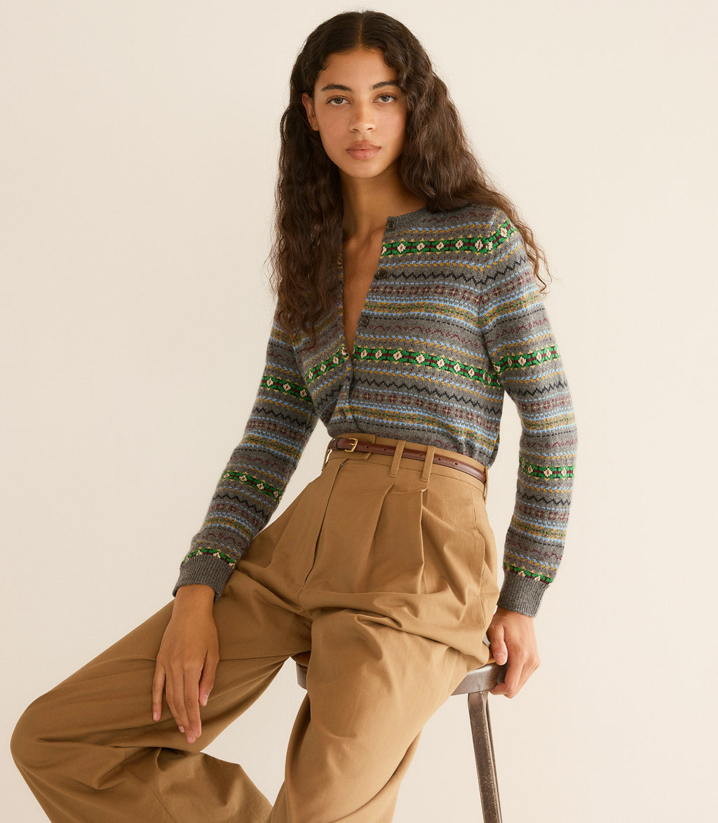 Vintage-Inspired Dashwood Fair Isle Wool-Cashmere Fitted Cardigan Sweater with Buttons