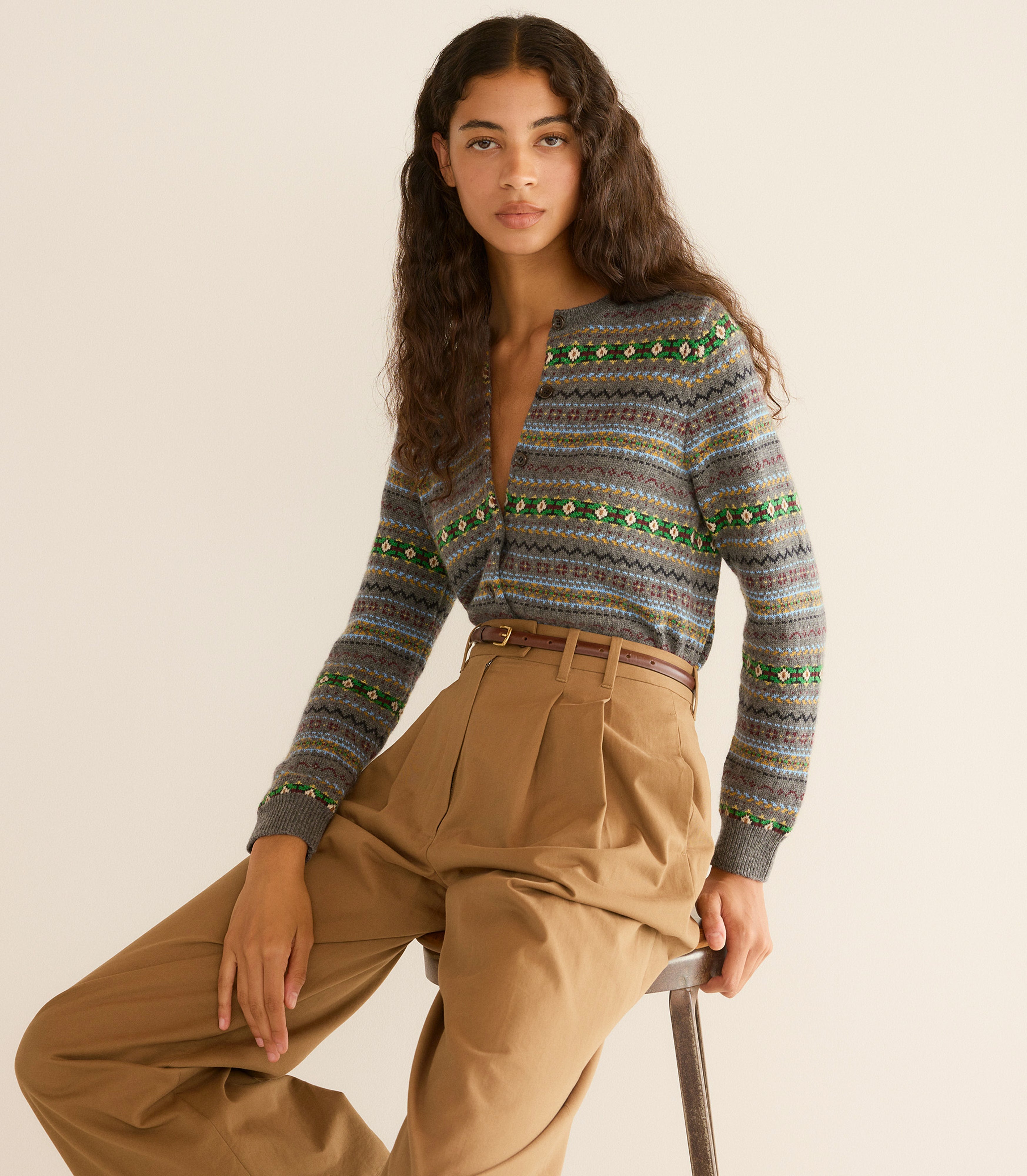 Vintage-Inspired Dashwood Fair Isle Wool-Cashmere Fitted Cardigan Sweater with Buttons