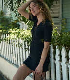 Faybelle Navy Ribbed Mini Dress | Stretchy Linen Blend V-Neck Tie-Front