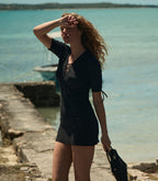 Faybelle Navy Ribbed Mini Dress | Stretchy Linen Blend V-Neck Tie-Front