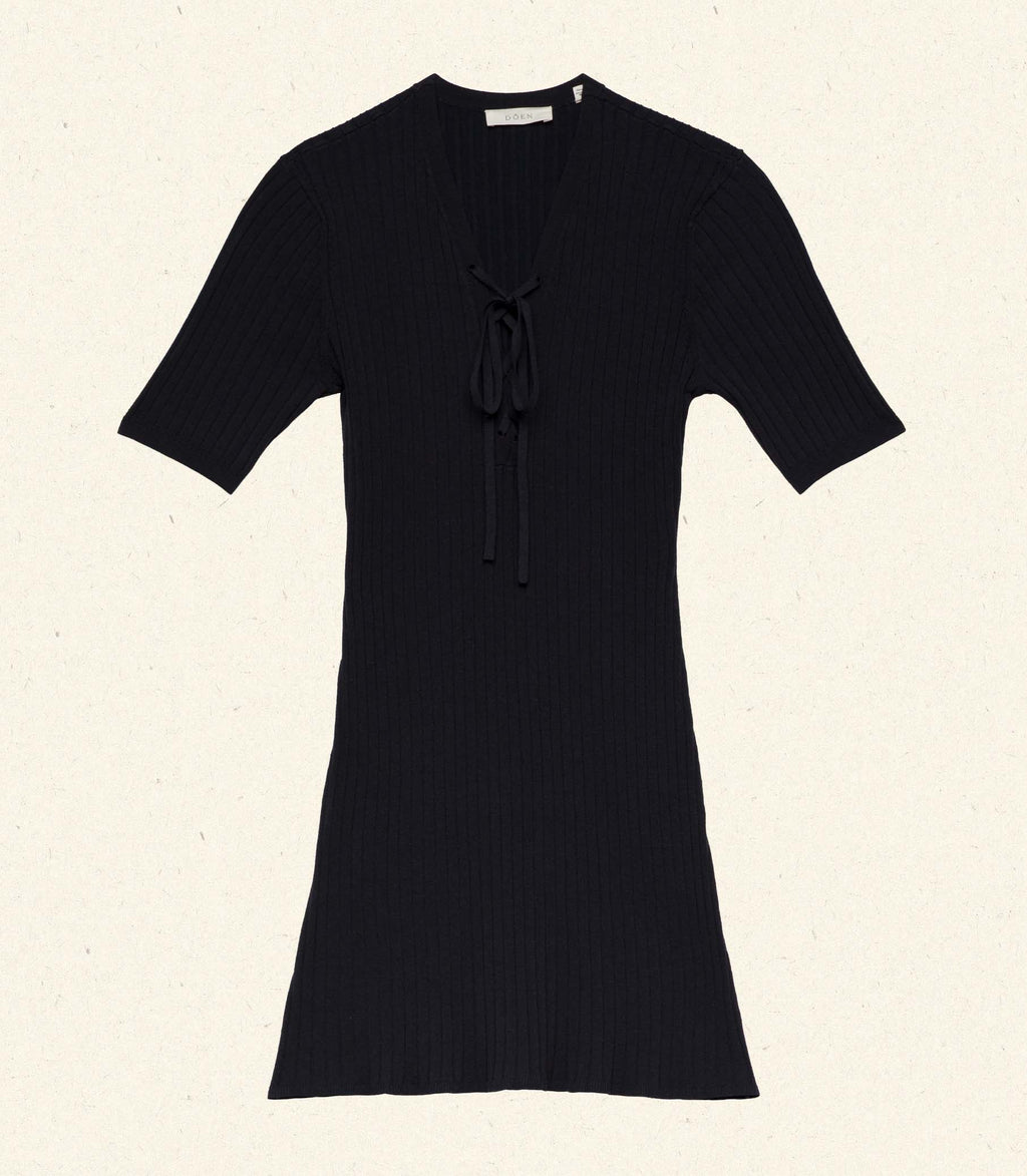 Faybelle Navy Ribbed Mini Dress | Stretchy Linen Blend V-Neck Tie-Front