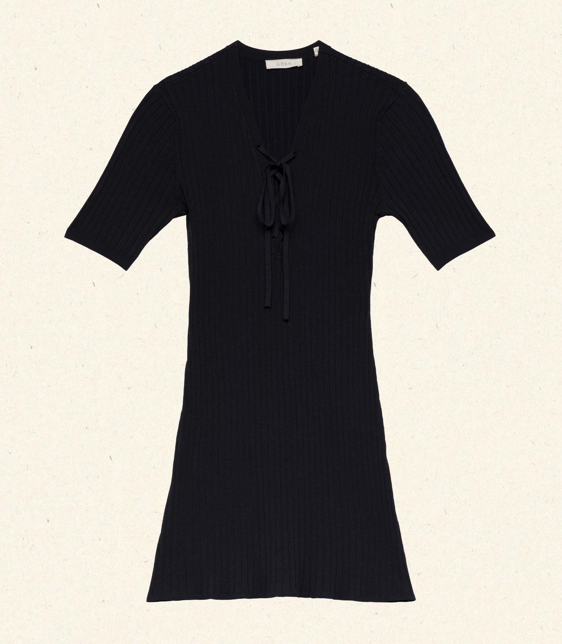 Faybelle Navy Ribbed Mini Dress | Stretchy Linen Blend V-Neck Tie-Front