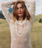 Elegant Hand-Crocheted Pearl Pima Cotton Midi Dress - Irish Lace Inspired