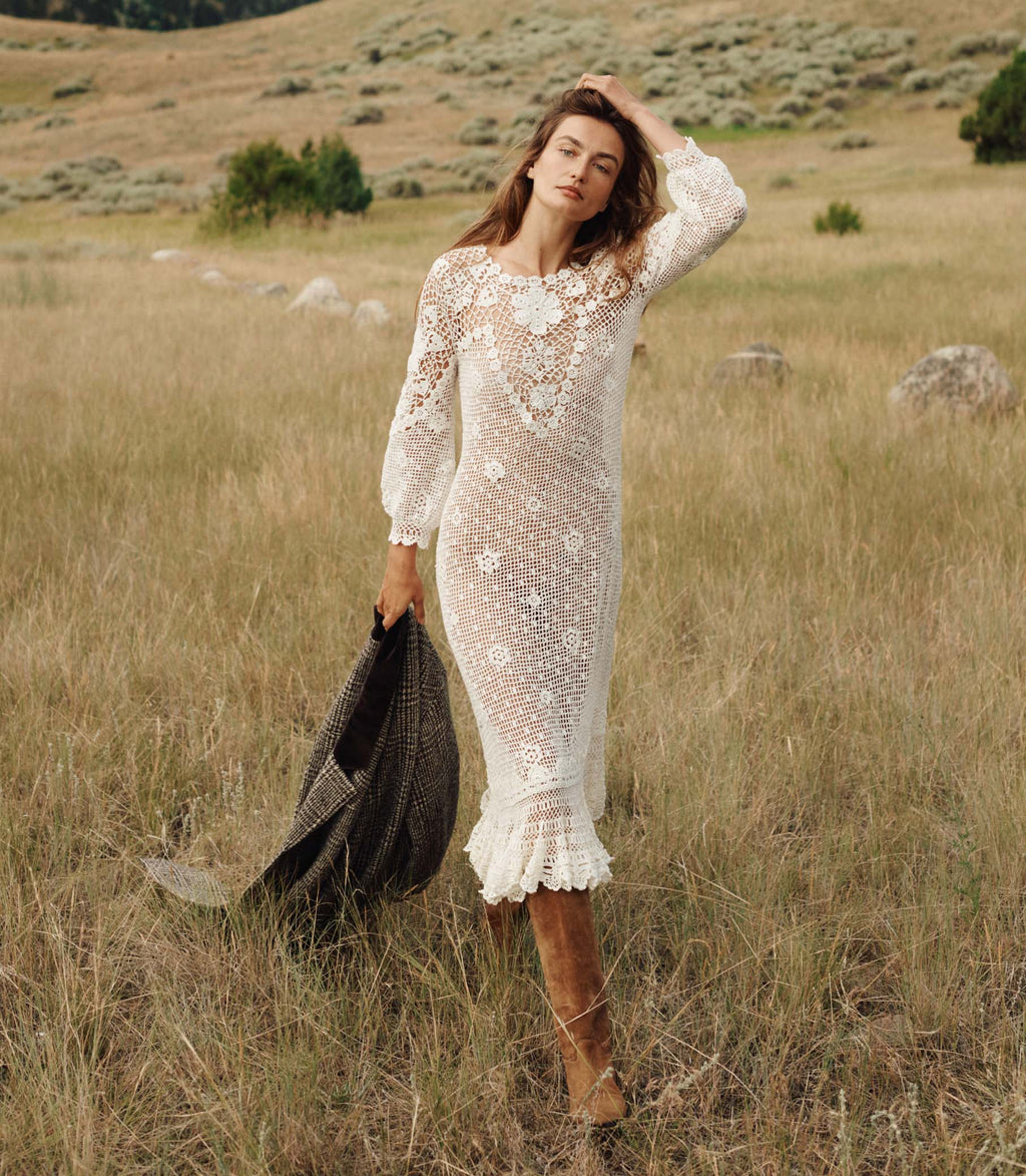 Elegant Hand-Crocheted Pearl Pima Cotton Midi Dress - Irish Lace Inspired