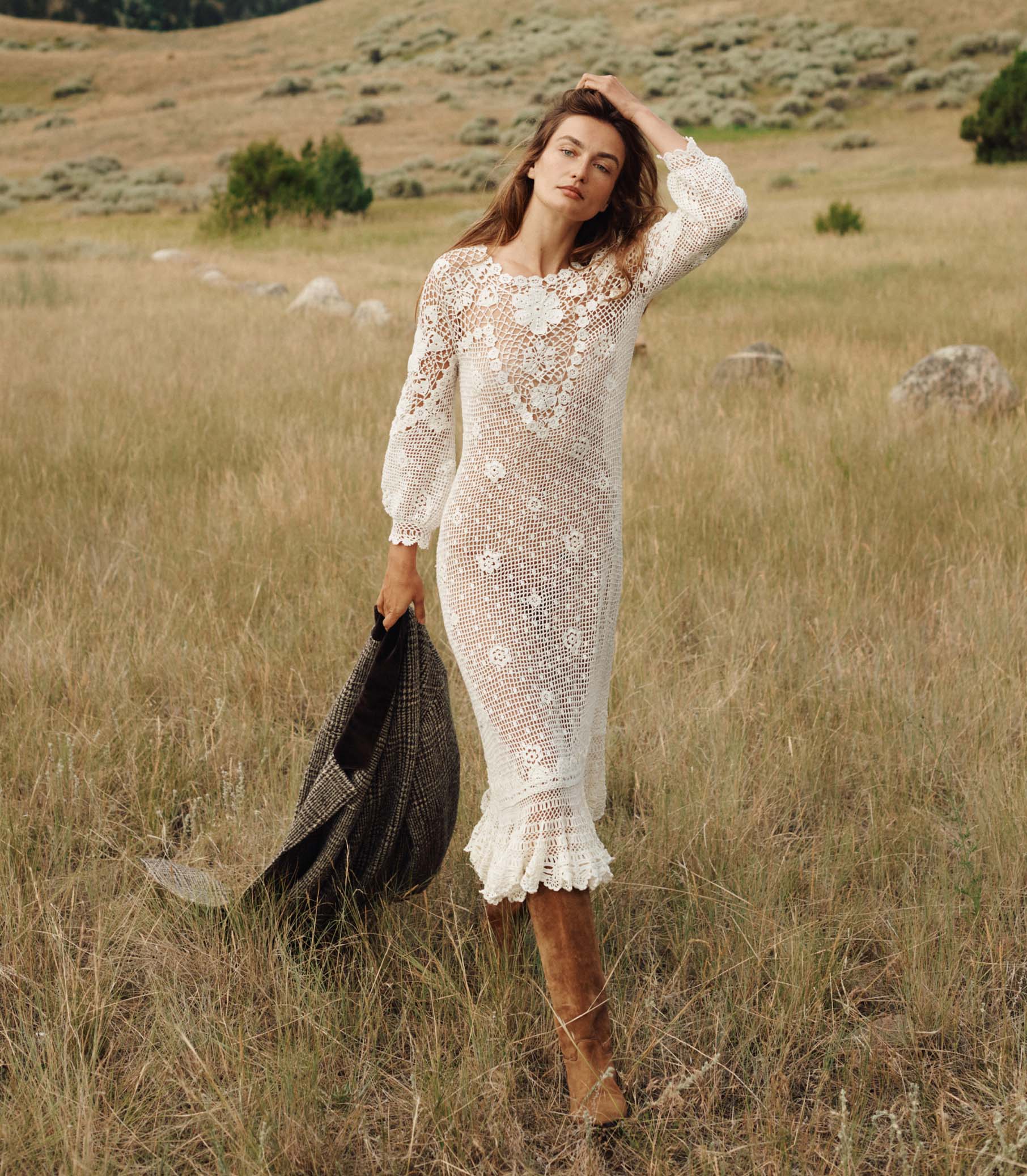 Elegant Hand-Crocheted Pearl Pima Cotton Midi Dress - Irish Lace Inspired