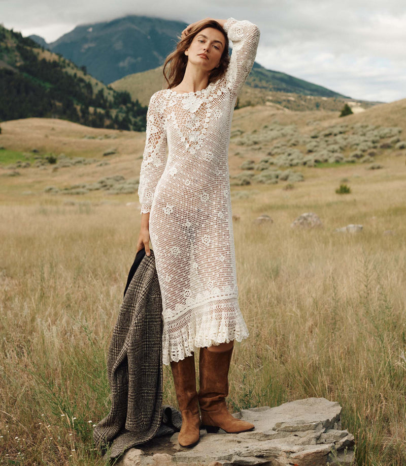 Elegant Hand-Crocheted Pearl Pima Cotton Midi Dress - Irish Lace Inspired