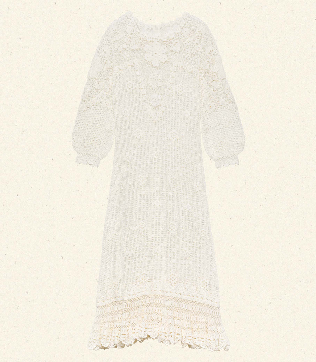 Elegant Hand-Crocheted Pearl Pima Cotton Midi Dress - Irish Lace Inspired