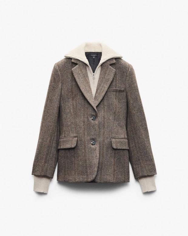 Frank Mixed-Media Plaid Wool Blend Blazer with Detachable Sweater Insert