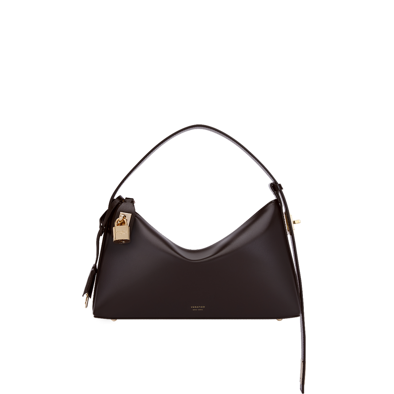 Premium Gold Chocolate Calf Leather Hobo Shoulder Bag with Secure Lock