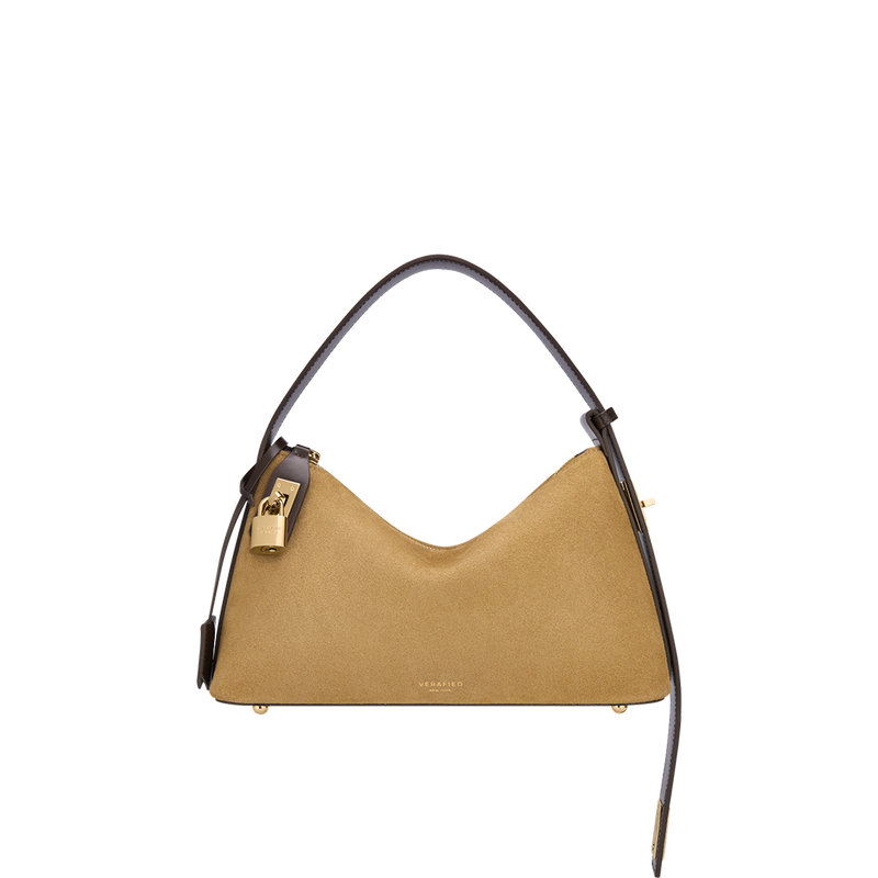 Luxurious Gold Suede Hobo Shoulder Bag with Metallic Frame, Adjustable Strap