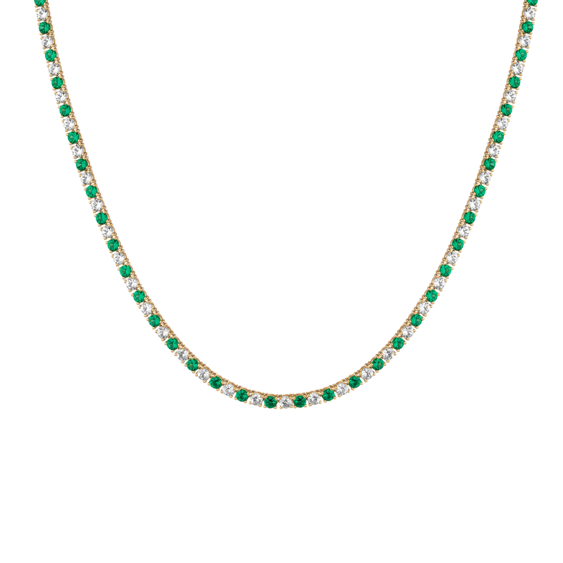 Elegant Lab Grown White Sapphire, Green Emerald Alternating Tennis Necklace, 16in