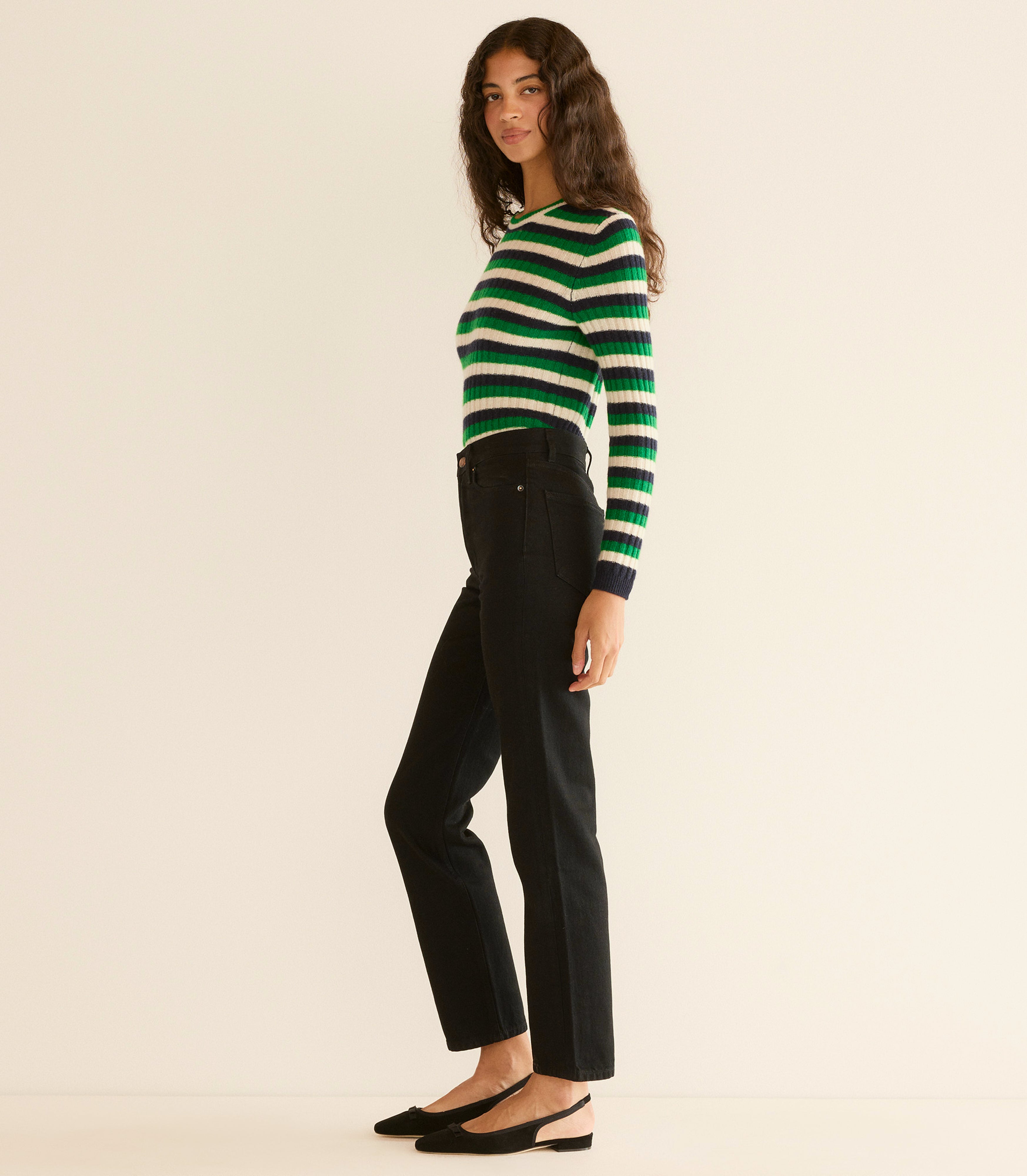 Luxurious Hyeres Cashmere Sweater: Soft Green Carrington Stripe Crewneck
