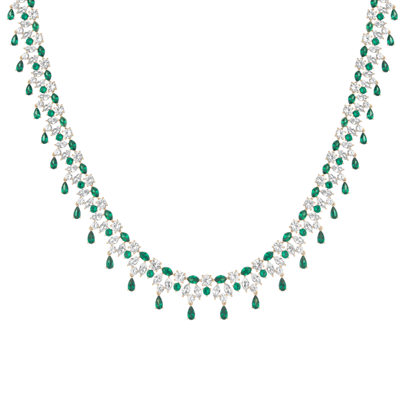 Dazzling Lab Grown Green Emerald Teardrop Tennis Necklace, Vermeil Yellow Gold