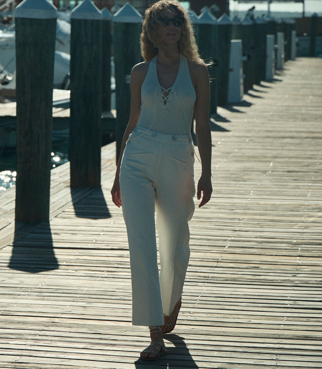 DOEN Ilaria Creme Ribbed Linen Blend Halter V-Neck Knit Top